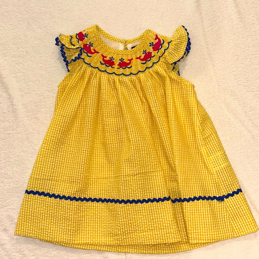 EUC Lil Cactus Seersucker Smocked Dress with Whale Embroidery size 6-12 months